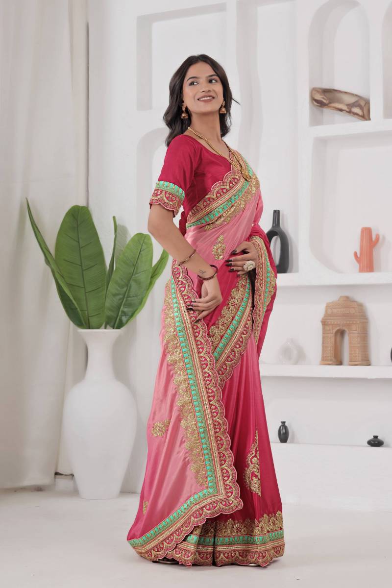 Chinon Silk Embroidered Designer Saree