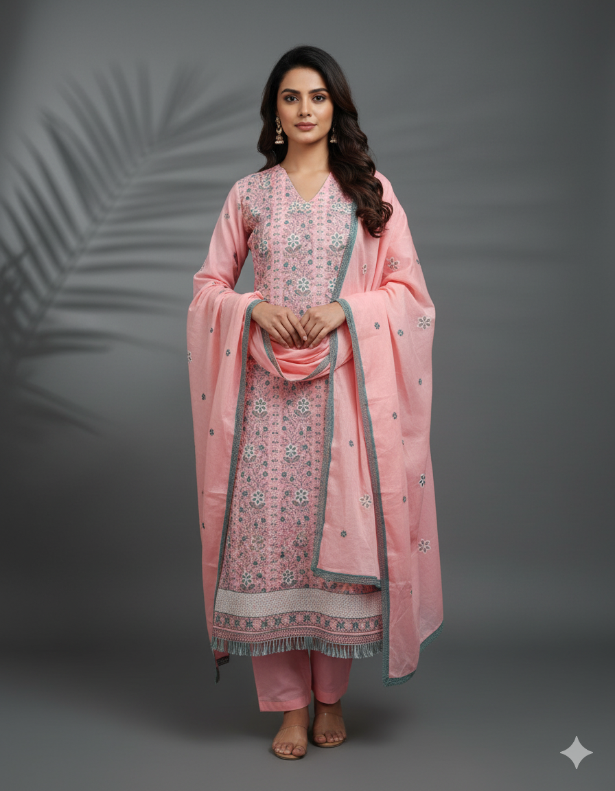 Cotton Dress Material with Embroidered Floral Patterns