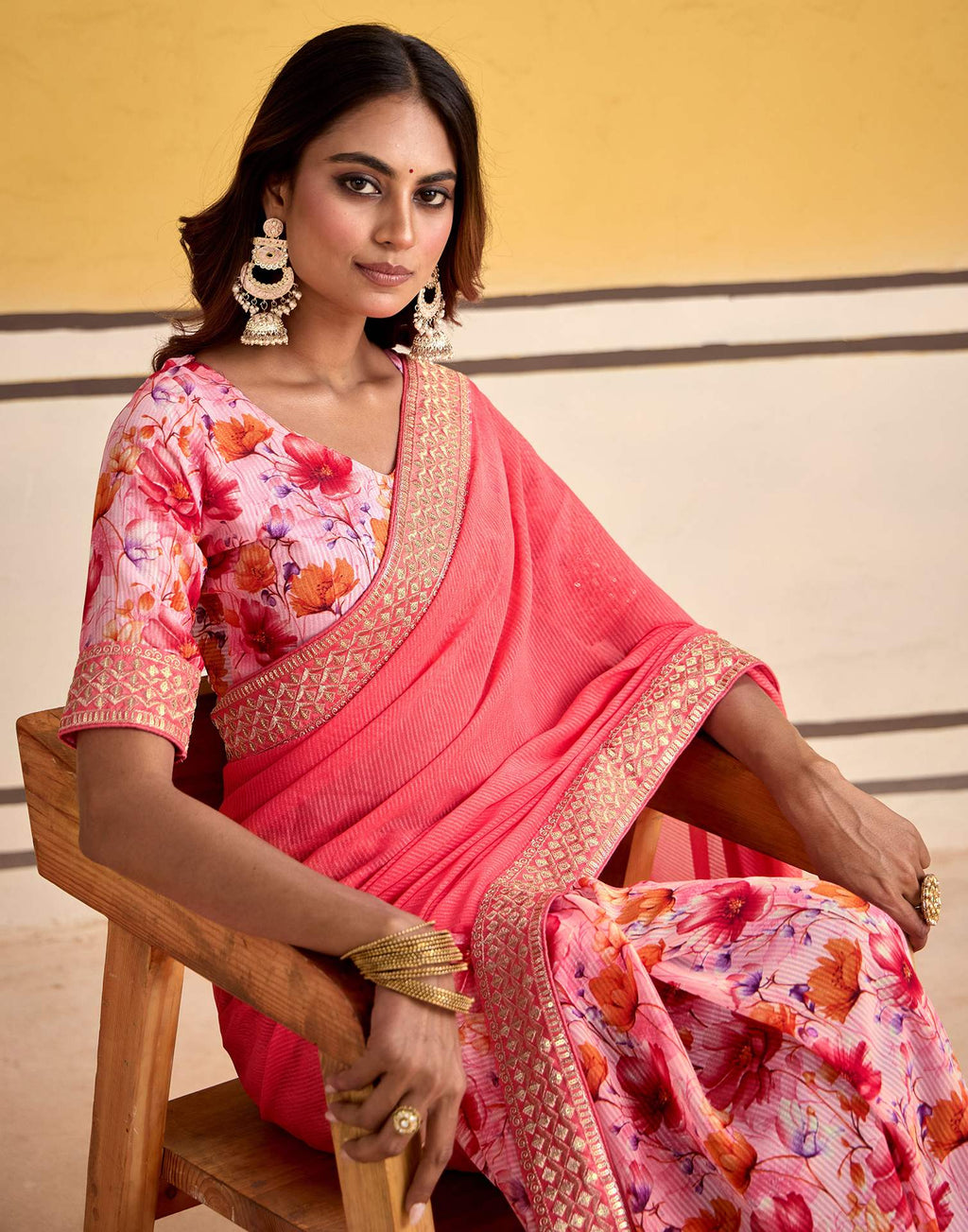 Georgette Embroidery Border Work Printed Saree