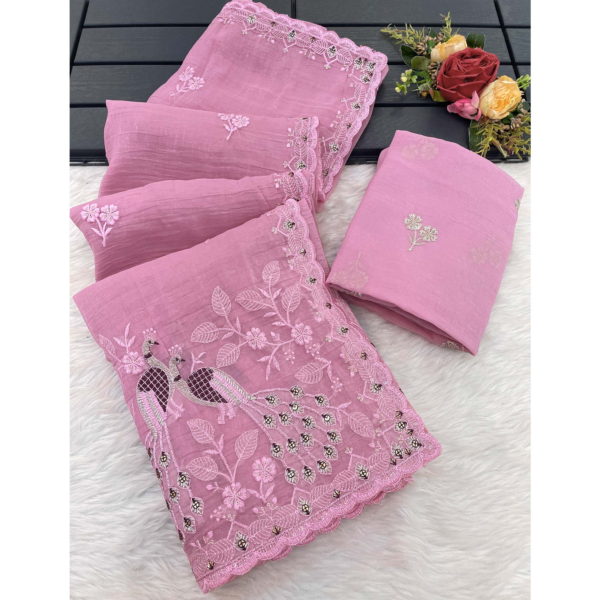 Floral Sequins Embroidered Soft Crunchy Silk Saree