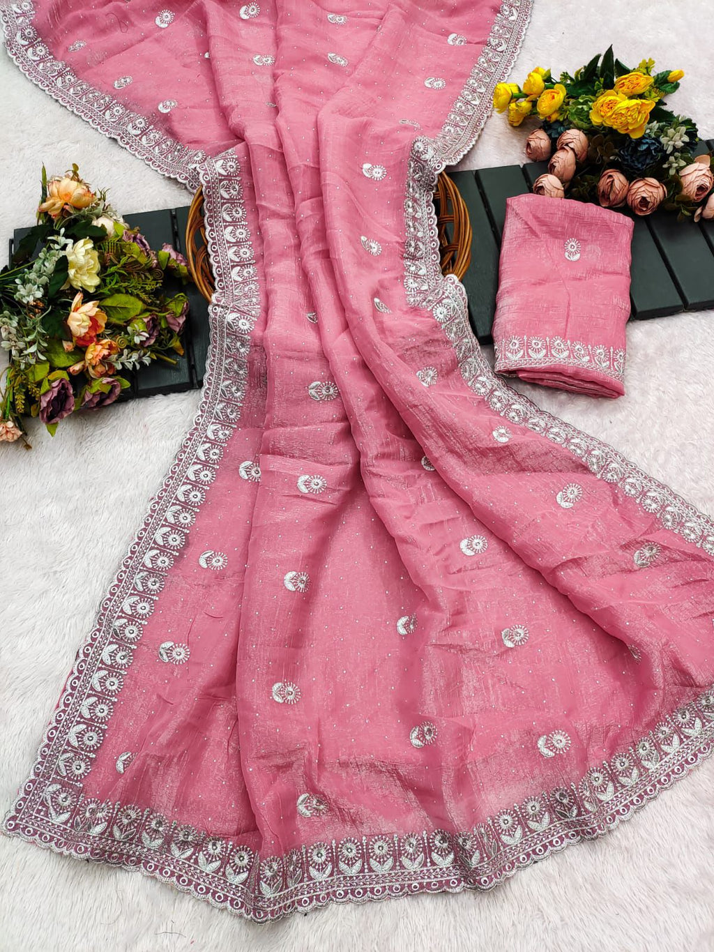 Crunchy Chiffon Diamond Worked Premium Saree