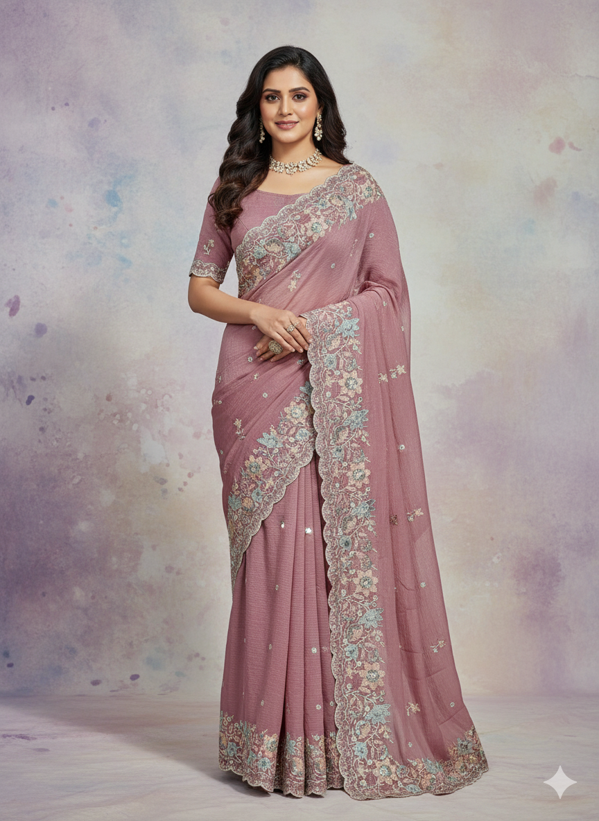 Soft Crunchy Silk Saree with Multi Embroidery Work