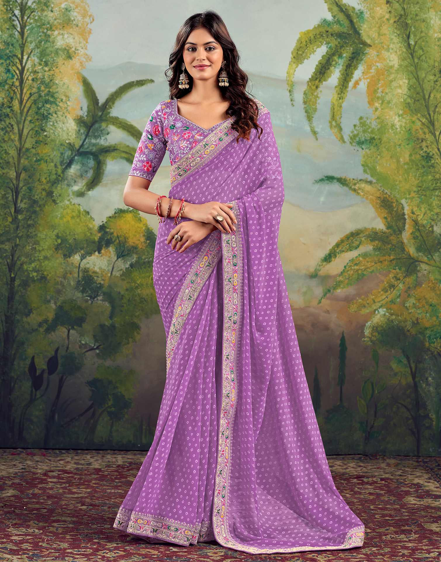 Bandhani Printed Georgette Saree With Embroidered Lace Border