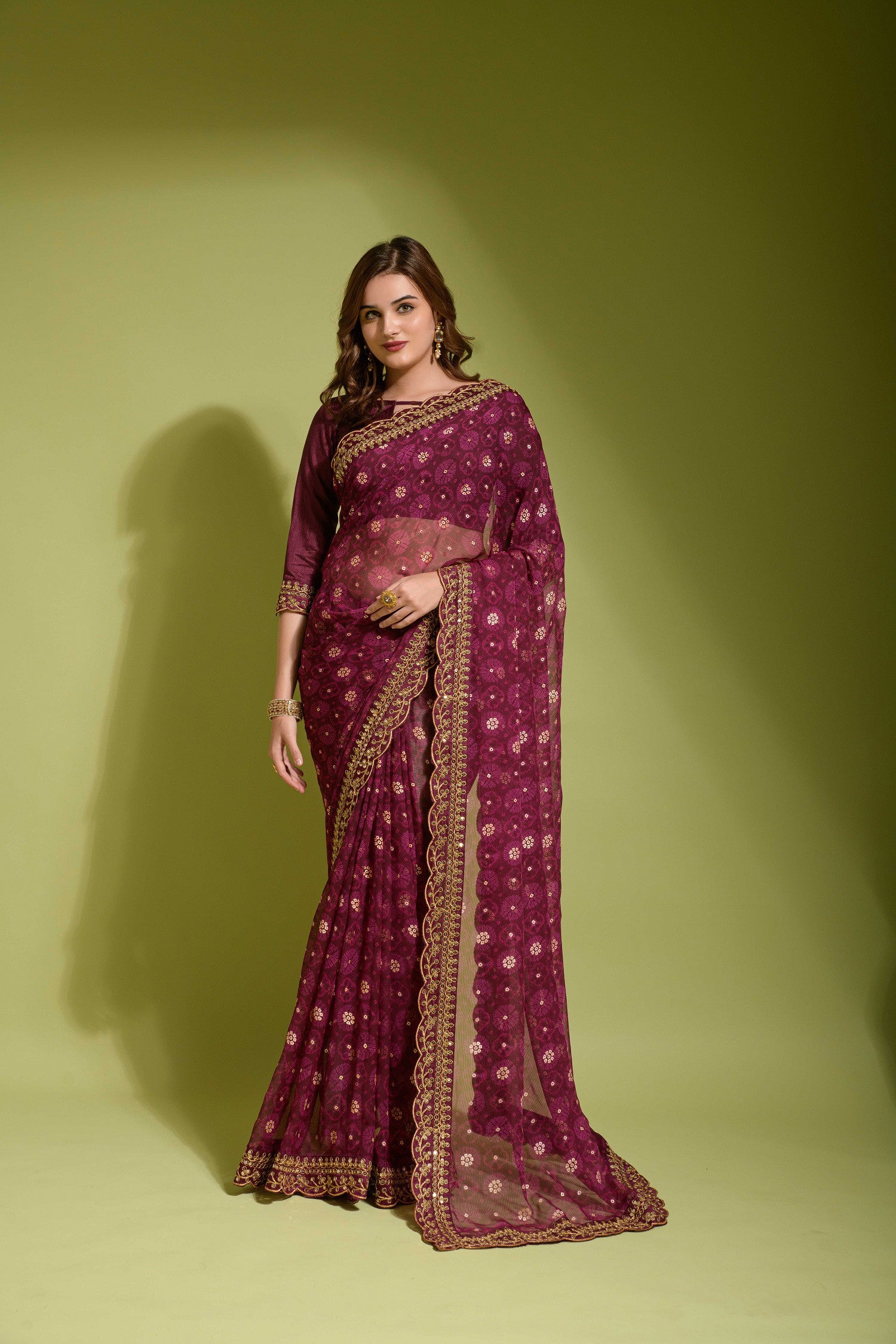 Bandhani Foil Printed Georgette Saree With Embroidered Border