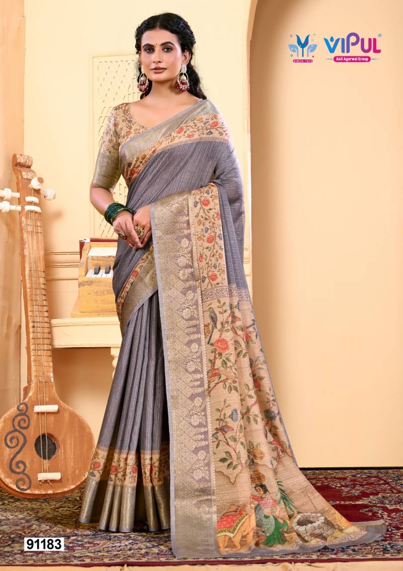 Vipul Soft Silk Digital Print Saree With Gold Zari Border
