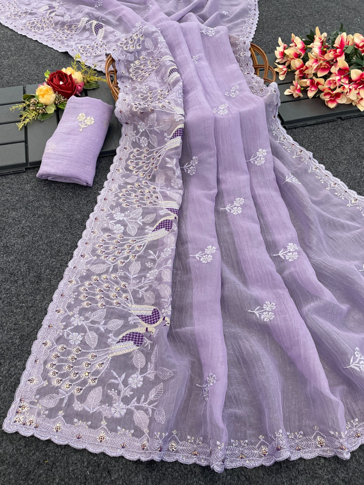 Floral Sequins Embroidered Soft Crunchy Silk Saree