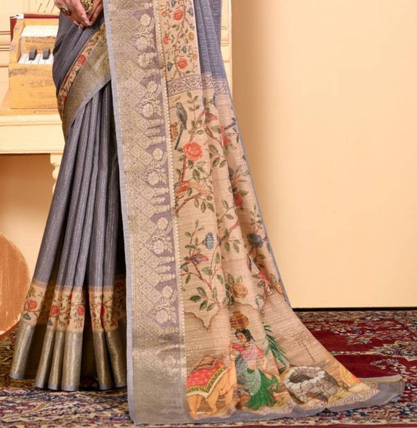 Vipul Soft Silk Digital Print Saree With Gold Zari Border