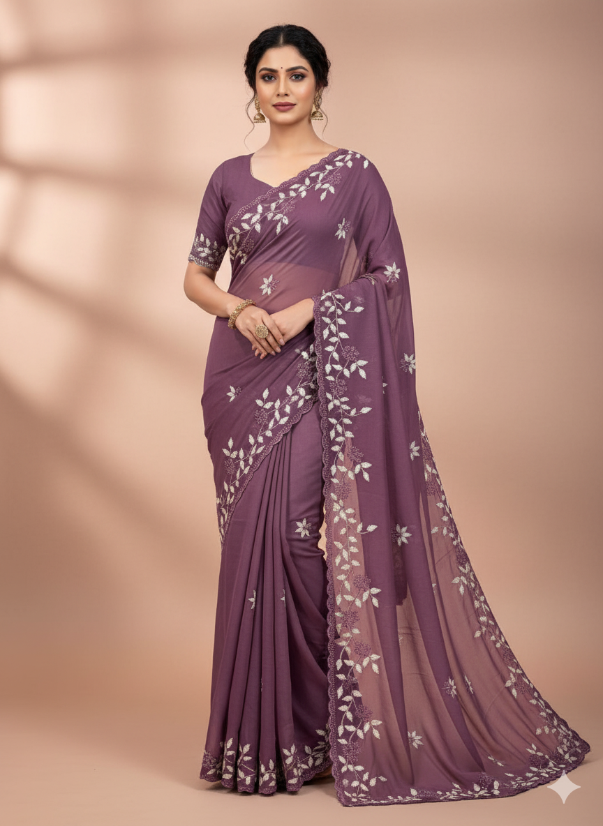 Fancy Georgette Saree With Embroidery Work