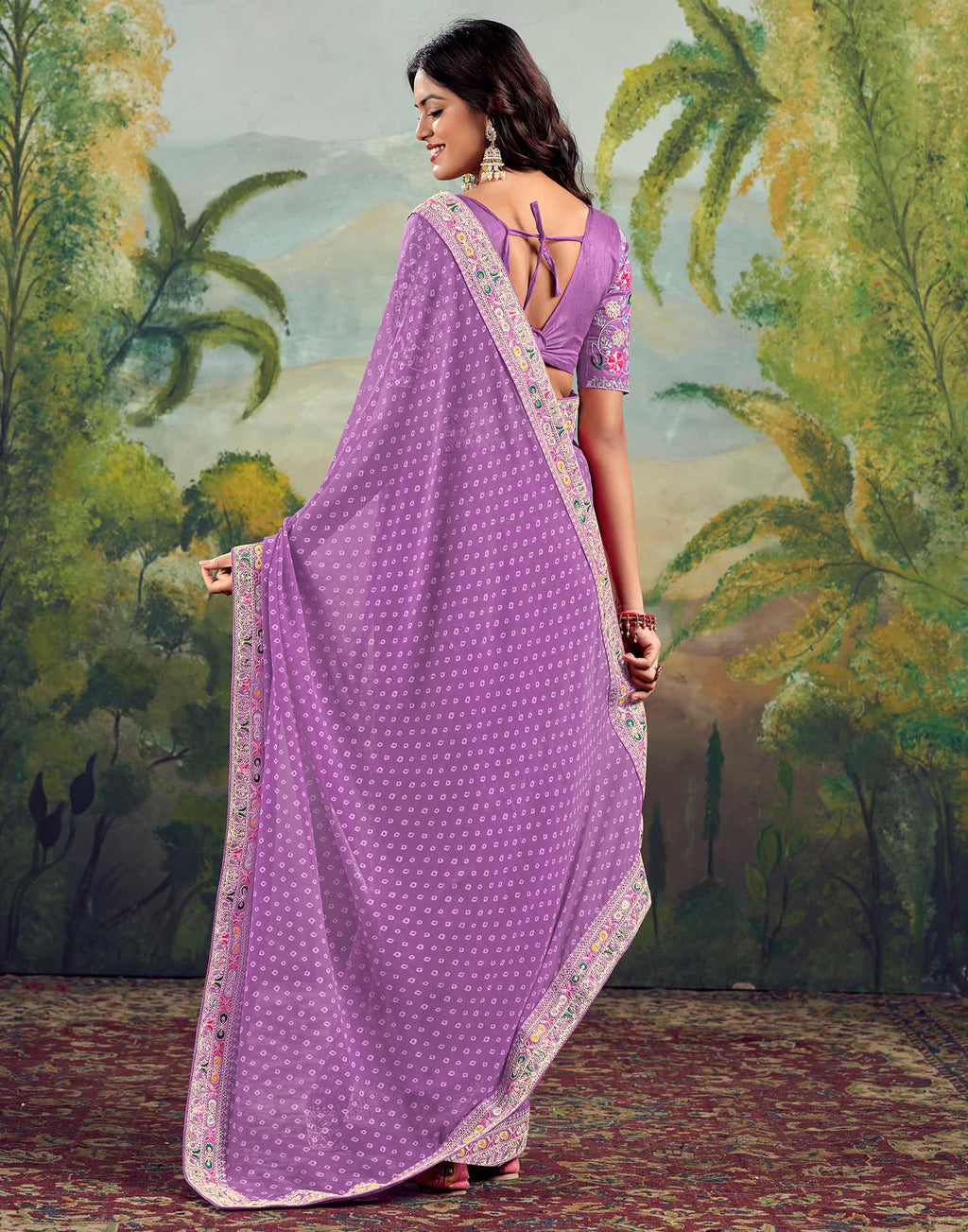 Bandhani Printed Georgette Saree With Embroidered Lace Border