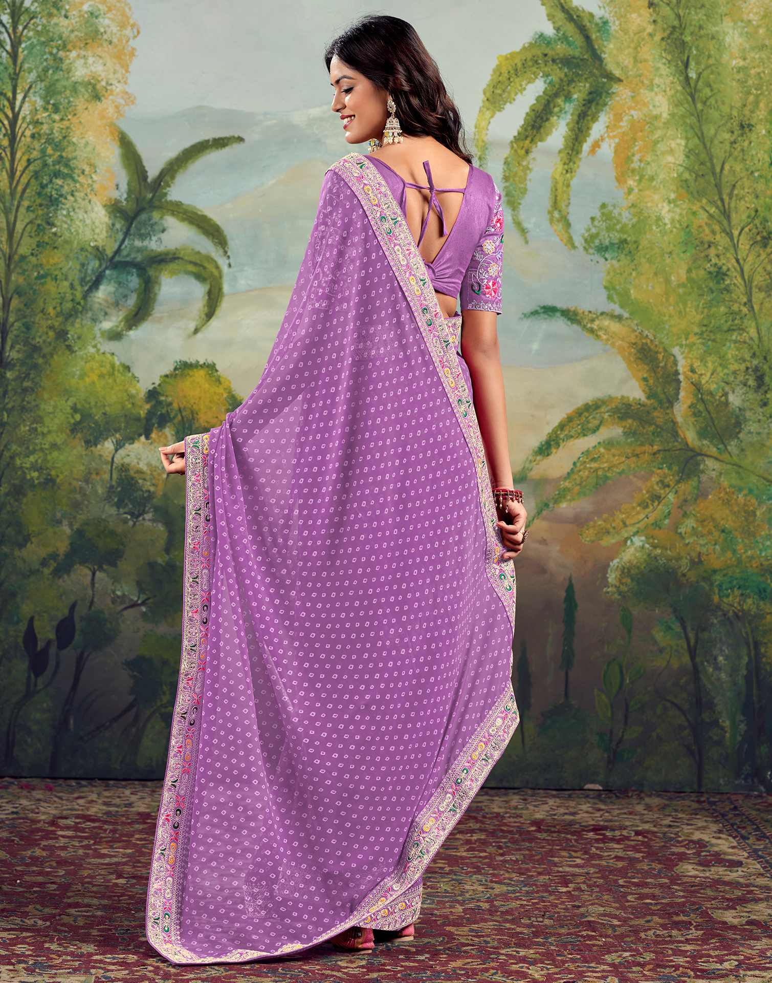Bandhani Printed Georgette Saree With Embroidered Lace Border