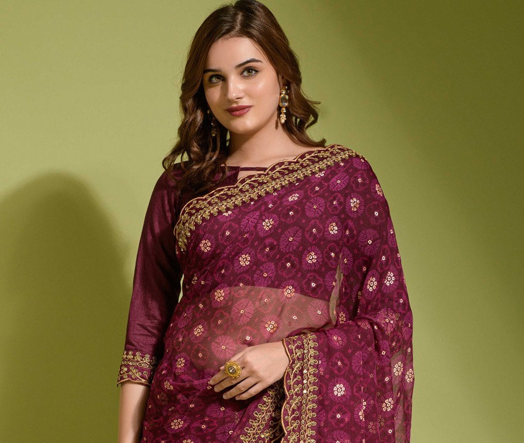 Bandhani Foil Printed Georgette Saree With Embroidered Border