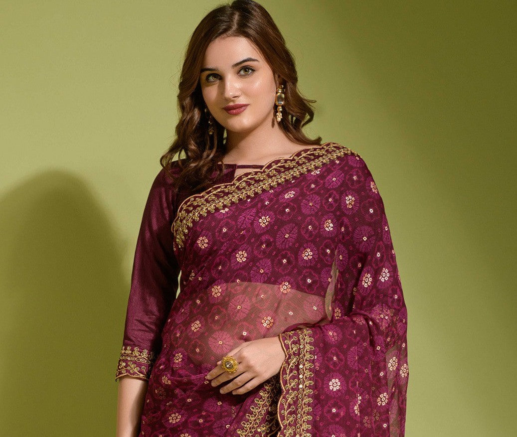 Bandhani Foil Printed Georgette Saree With Embroidered Border