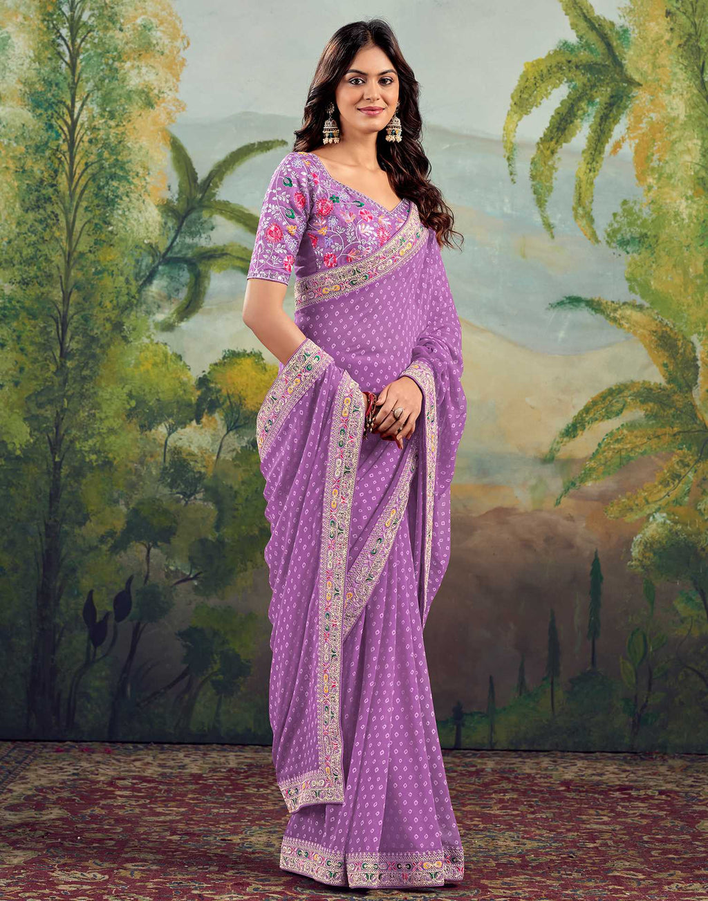 Bandhani Printed Georgette Saree With Embroidered Lace Border