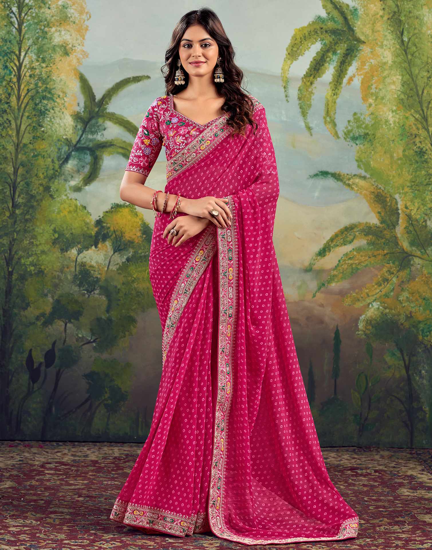 Bandhani Printed Georgette Saree With Embroidered Lace Border