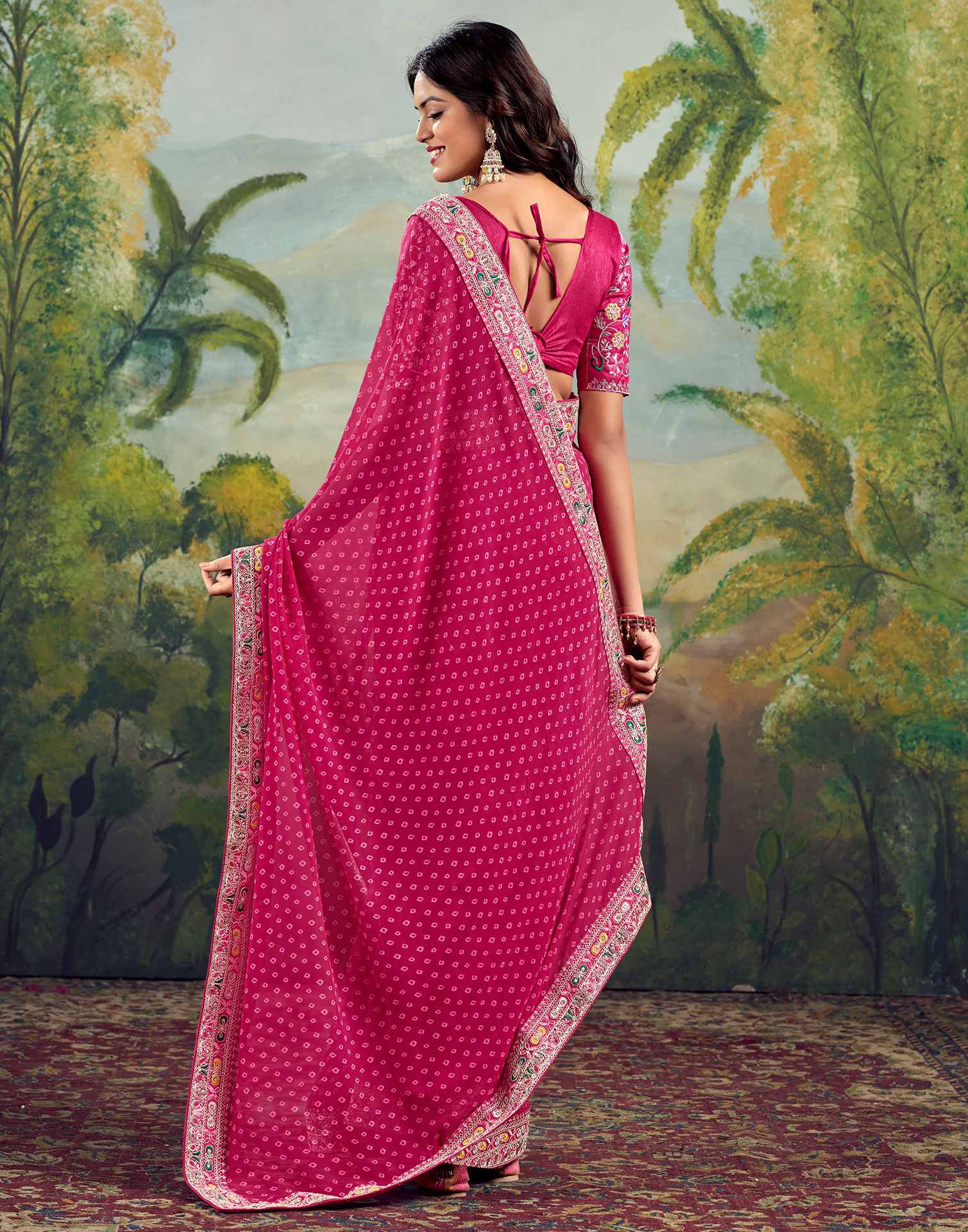 Bandhani Printed Georgette Saree With Embroidered Lace Border