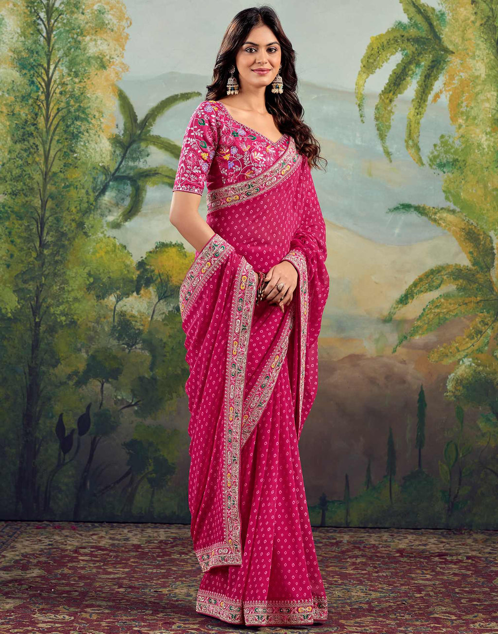 Bandhani Printed Georgette Saree With Embroidered Lace Border