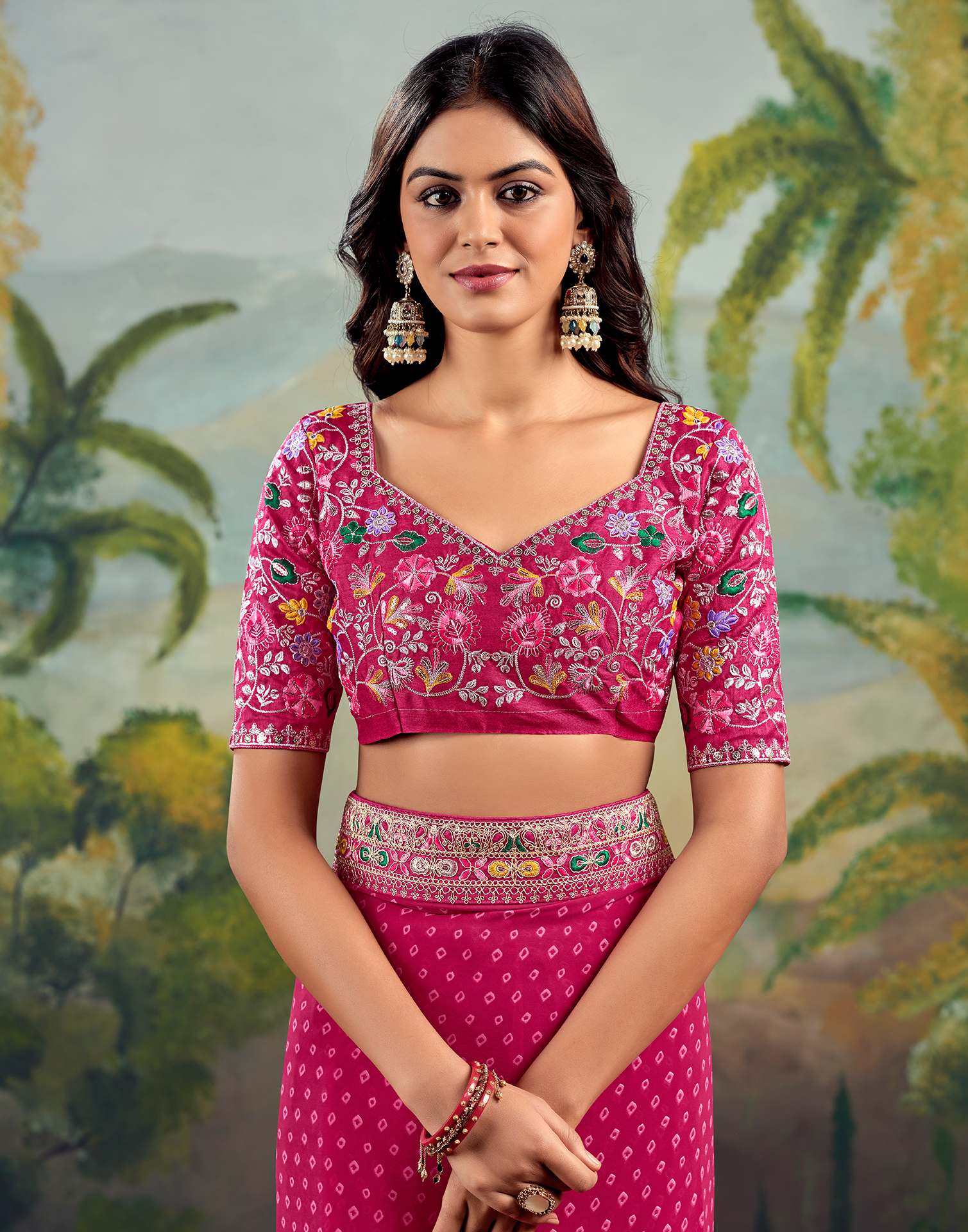 Bandhani Printed Georgette Saree With Embroidered Lace Border