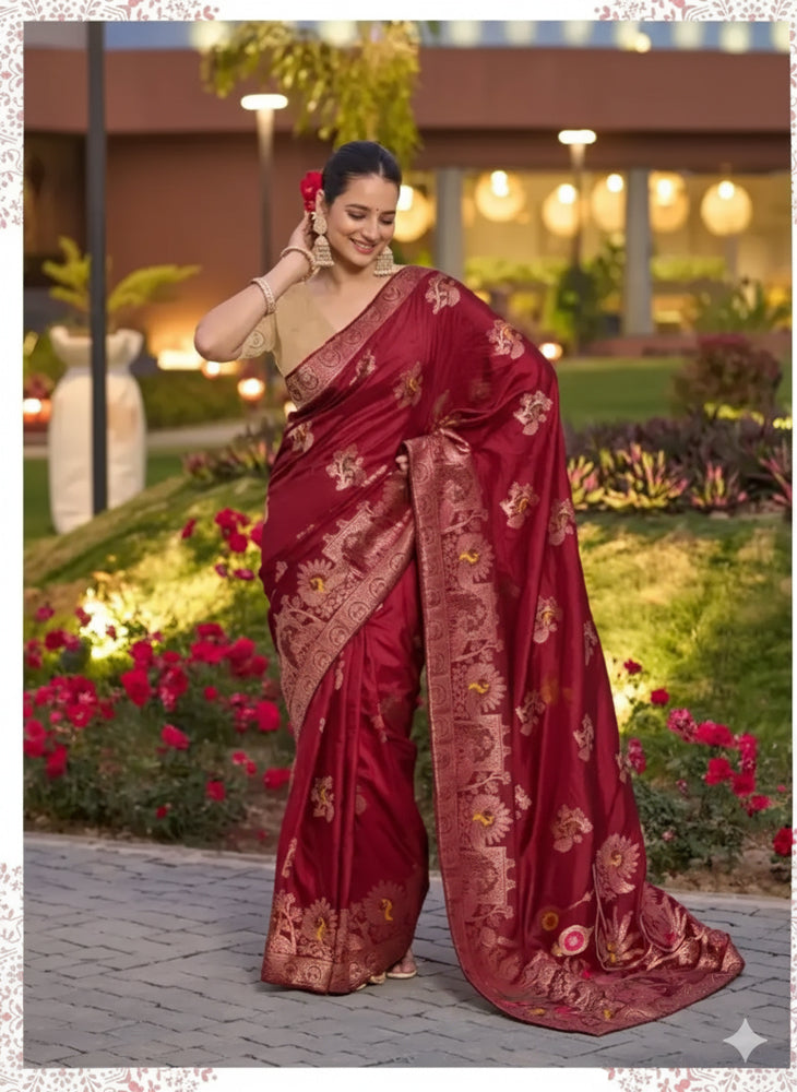 Dola Silk Saree With Intricate Zari Weaving & Swarovski Embellishments