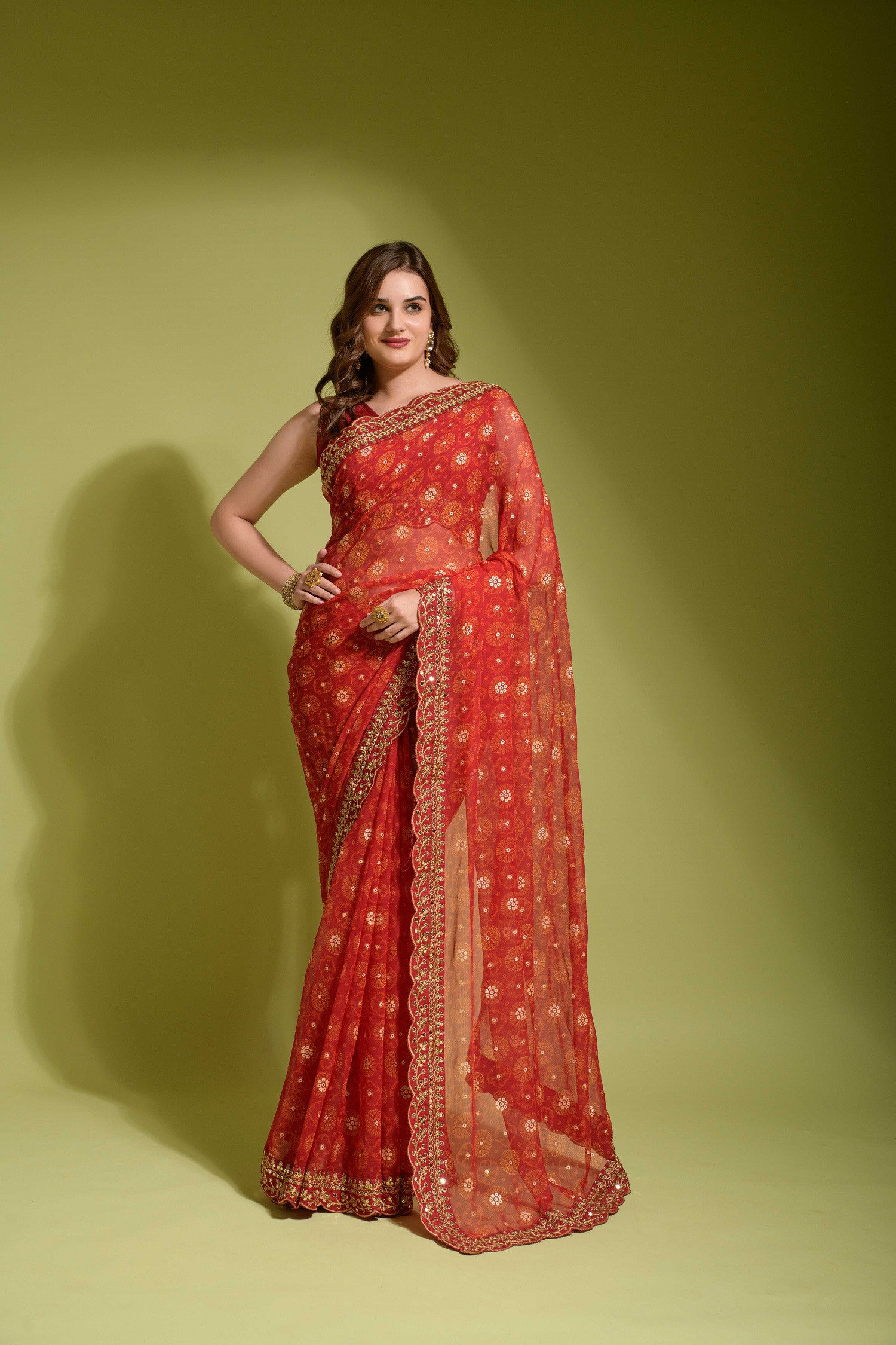 Bandhani Foil Printed Georgette Saree With Embroidered Border