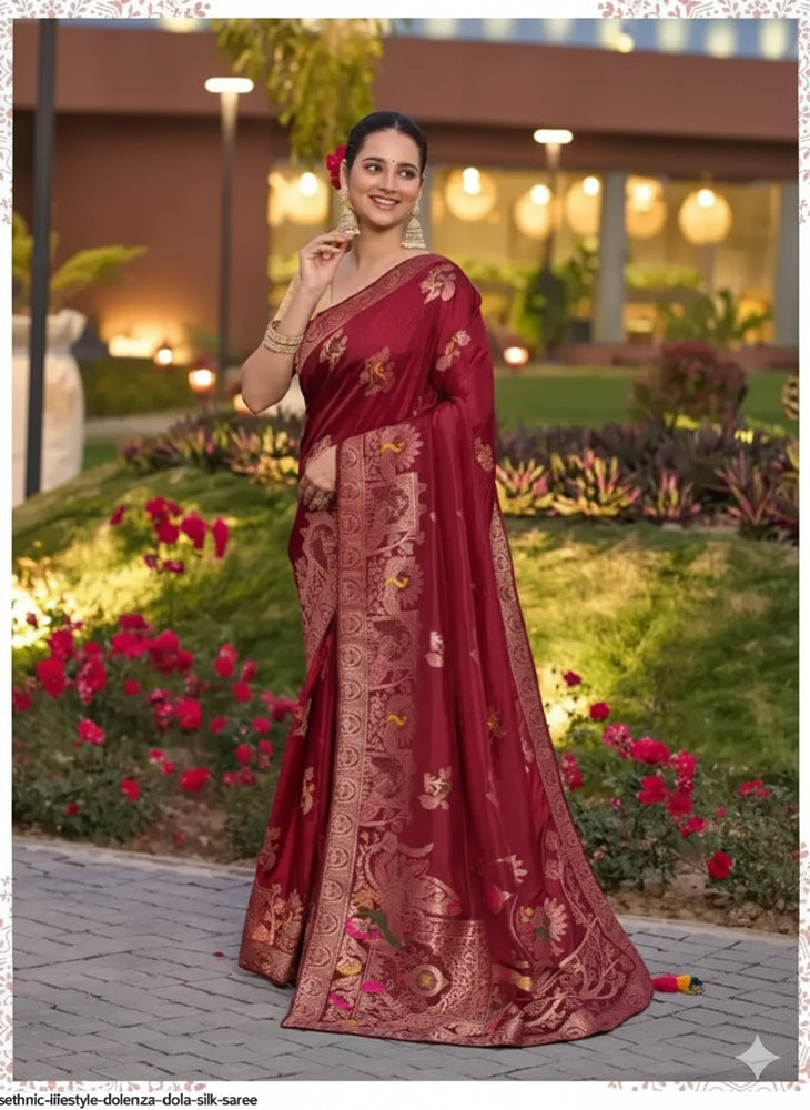Dola Silk Saree With Intricate Zari Weaving & Swarovski Embellishments