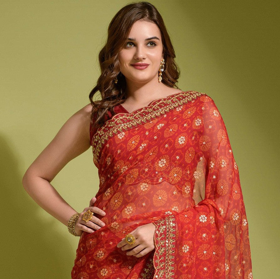 Bandhani Foil Printed Georgette Saree With Embroidered Border