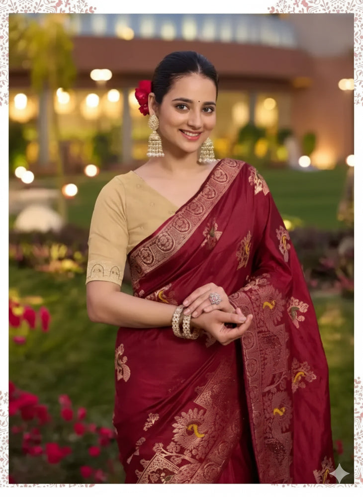 Dola Silk Saree With Intricate Zari Weaving & Swarovski Embellishments