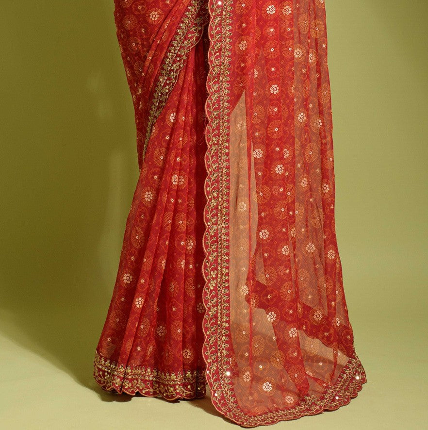 Bandhani Foil Printed Georgette Saree With Embroidered Border