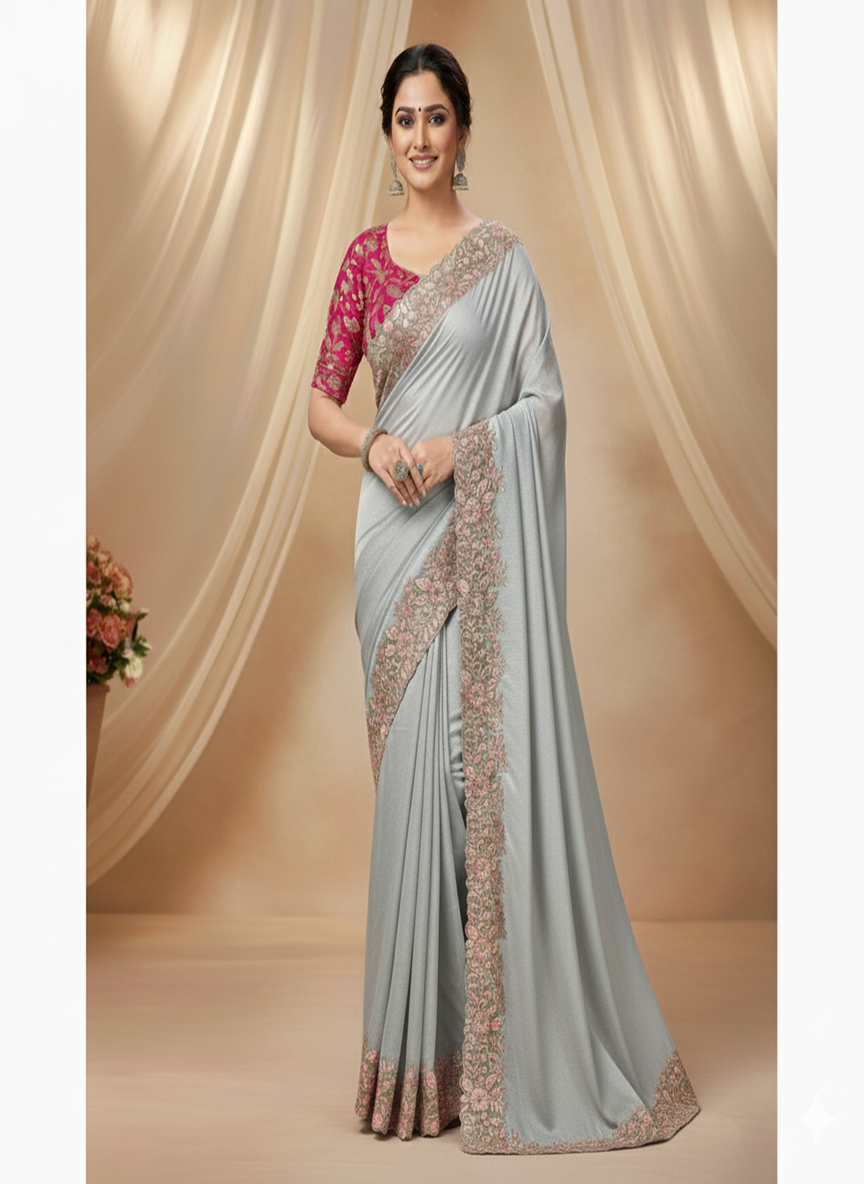 Tabby Silk Saree with Multi Thread Cut Work