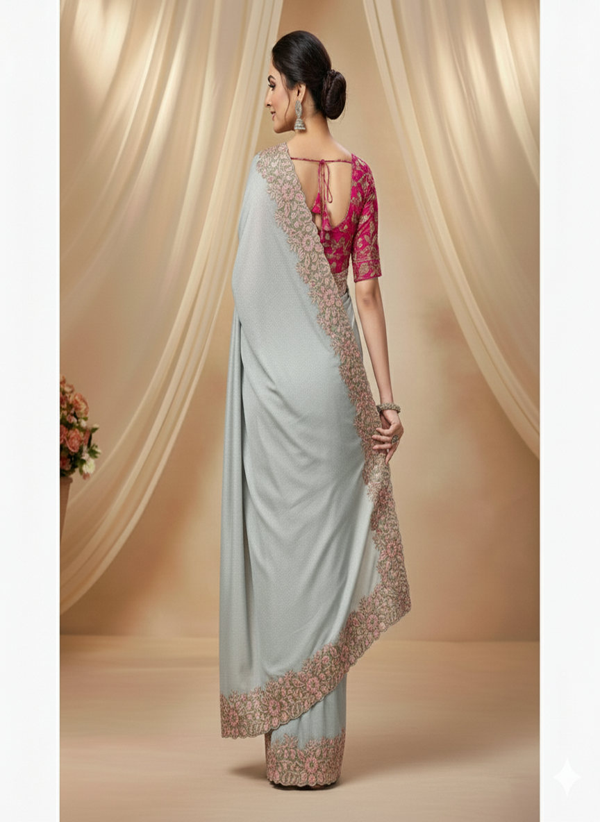 Tabby Silk Saree with Multi Thread Cut Work