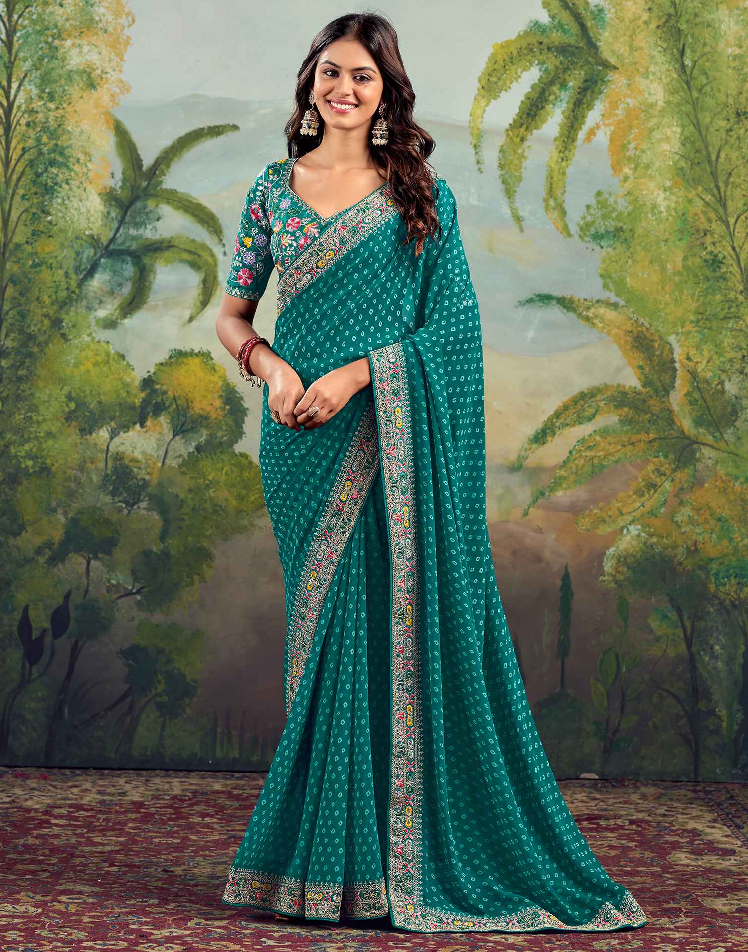 Bandhani Printed Georgette Saree With Embroidered Lace Border