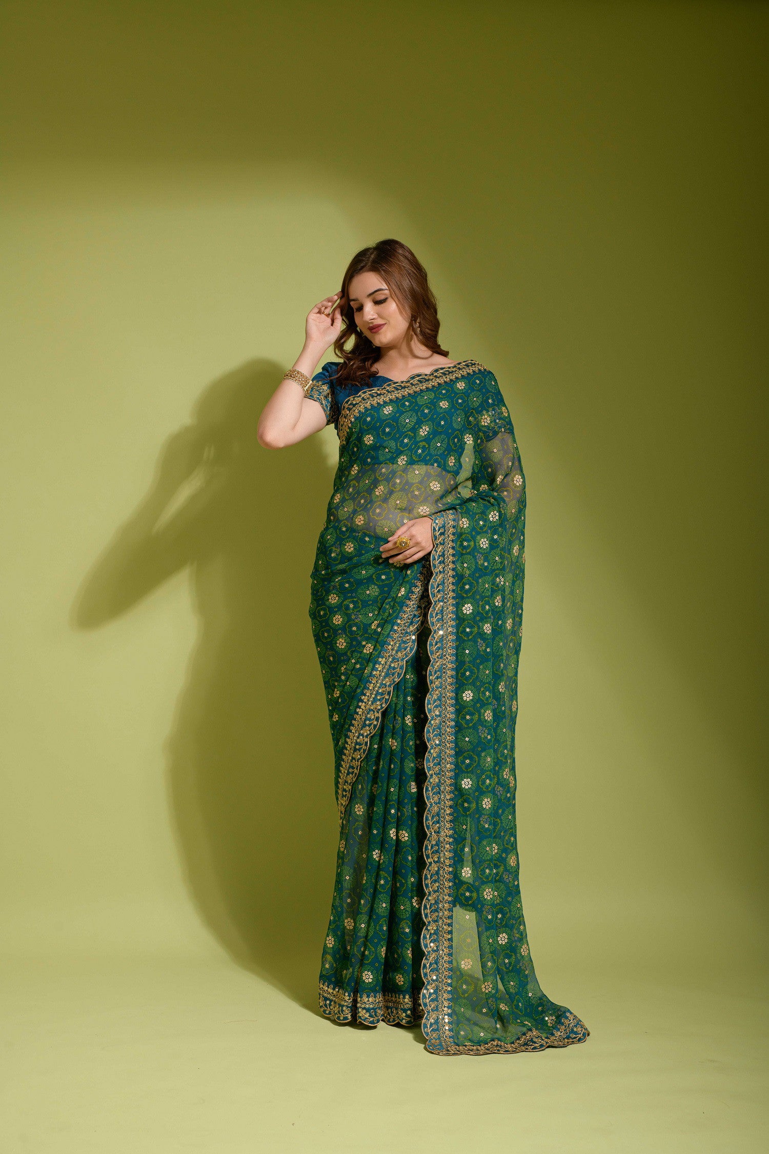 Bandhani Foil Printed Georgette Saree With Embroidered Border