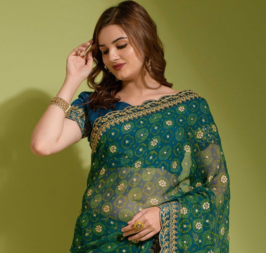 Bandhani Foil Printed Georgette Saree With Embroidered Border