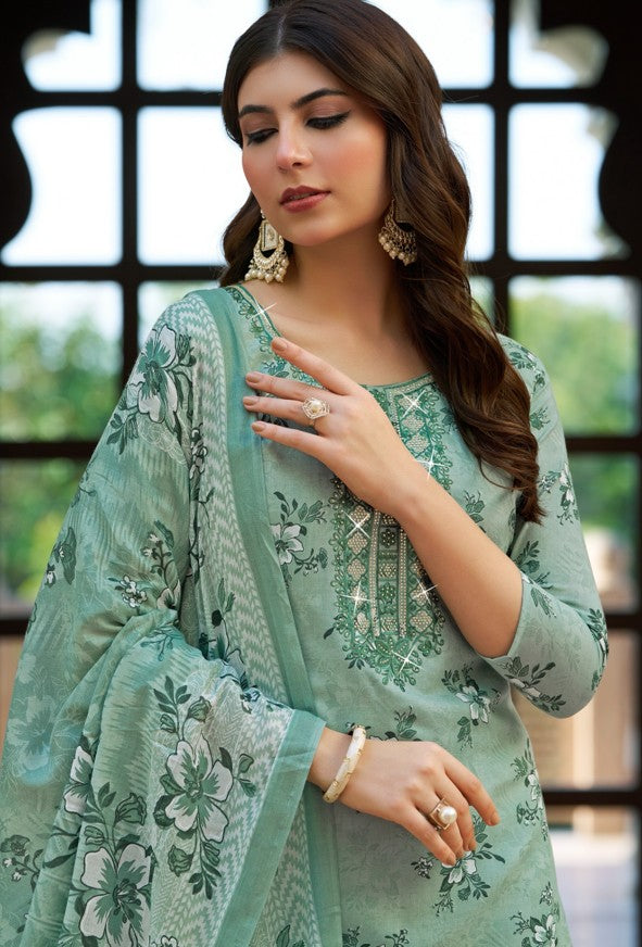 Digital Print with Embroidery Work Cotton Dress Material