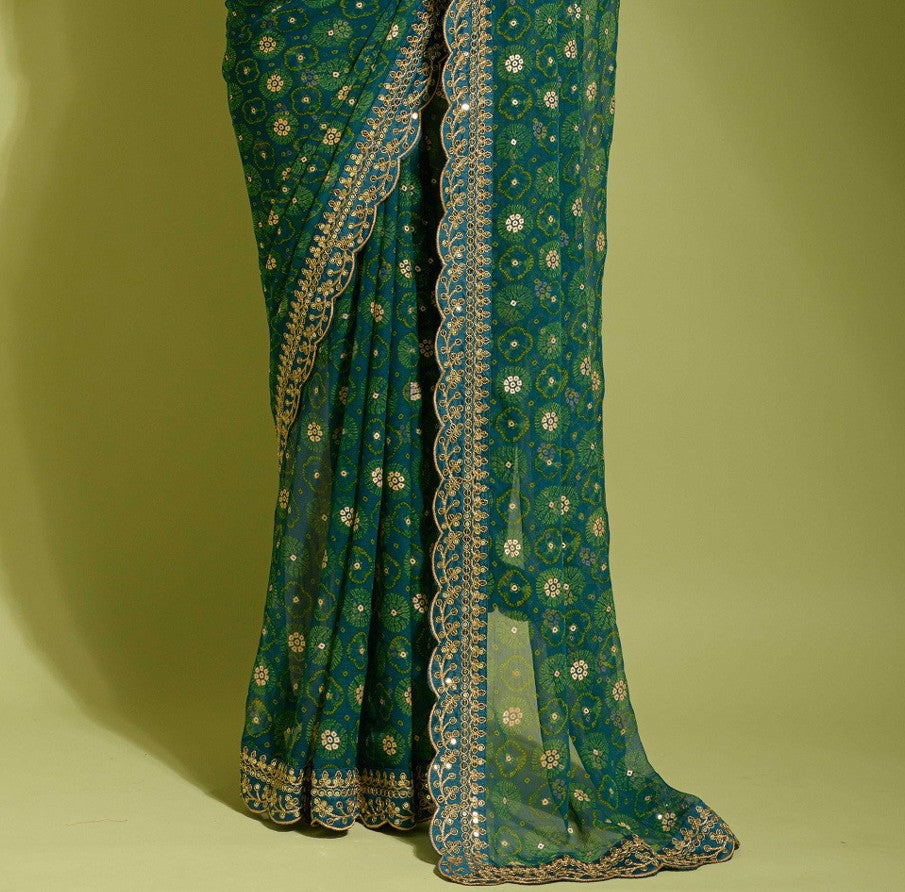 Bandhani Foil Printed Georgette Saree With Embroidered Border