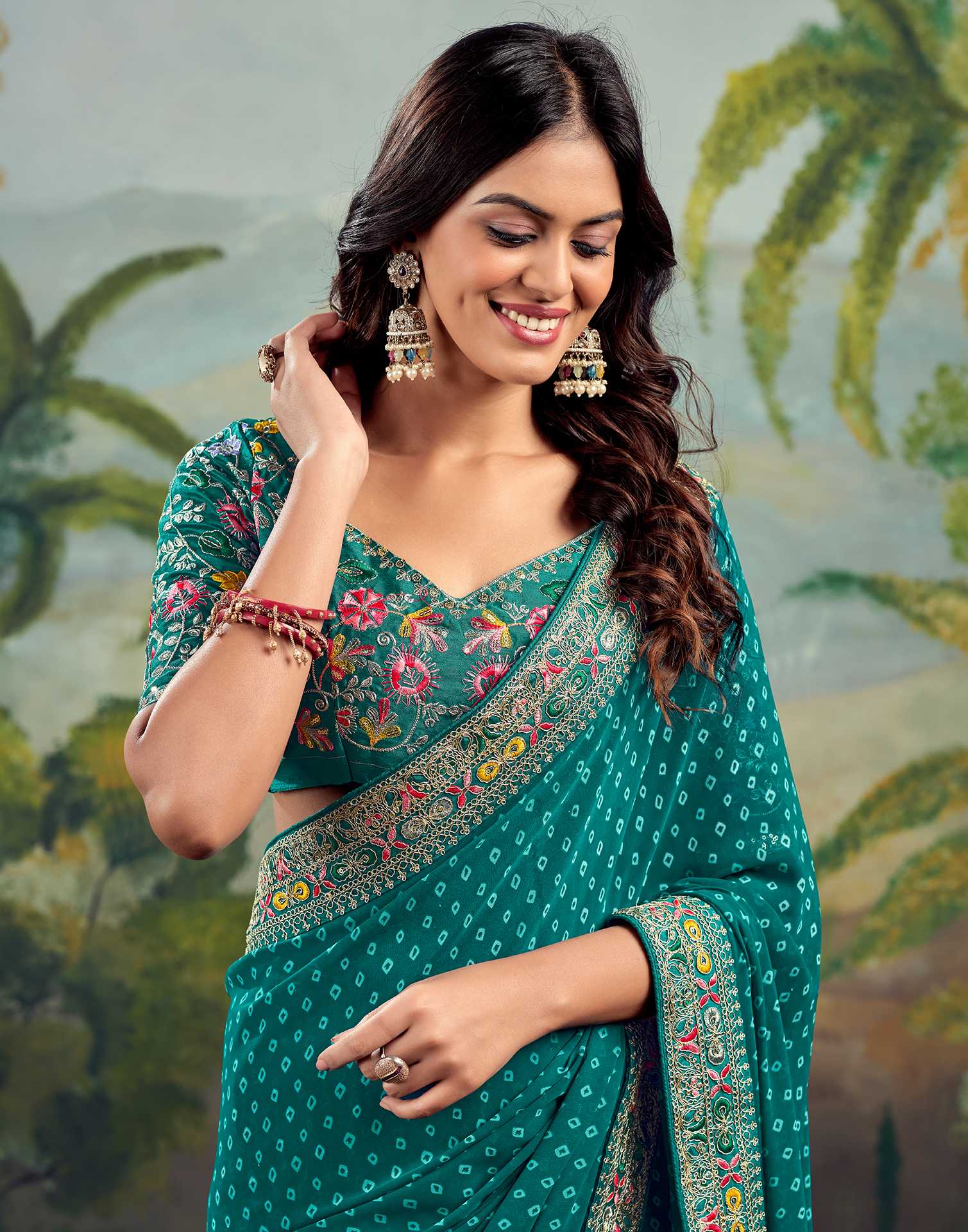 Bandhani Printed Georgette Saree With Embroidered Lace Border