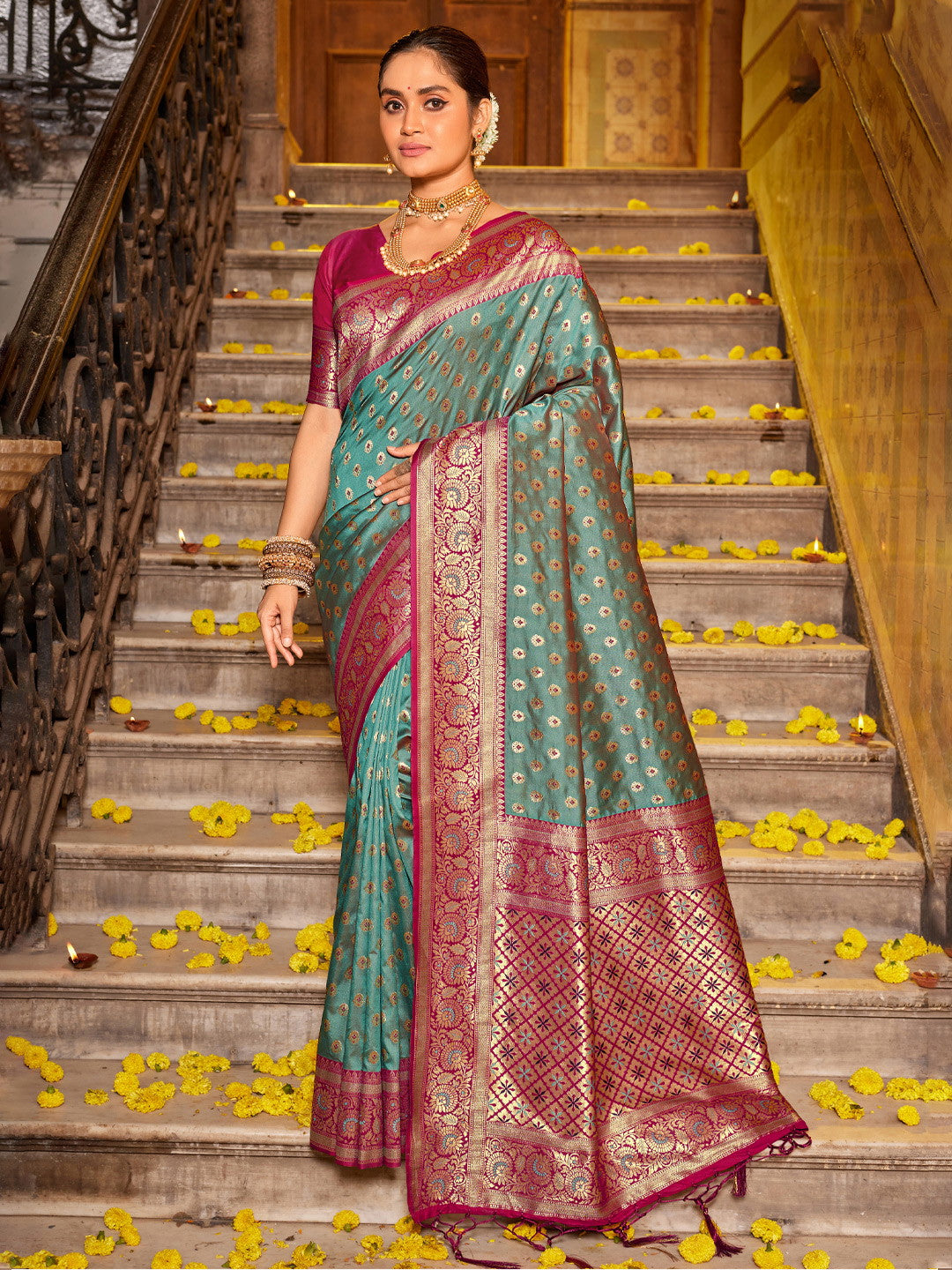 Woven Banarasi Silk Saree With Tassels
