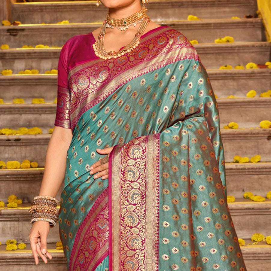 Woven Banarasi Silk Saree With Tassels