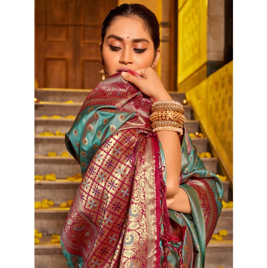 Woven Banarasi Silk Saree With Tassels