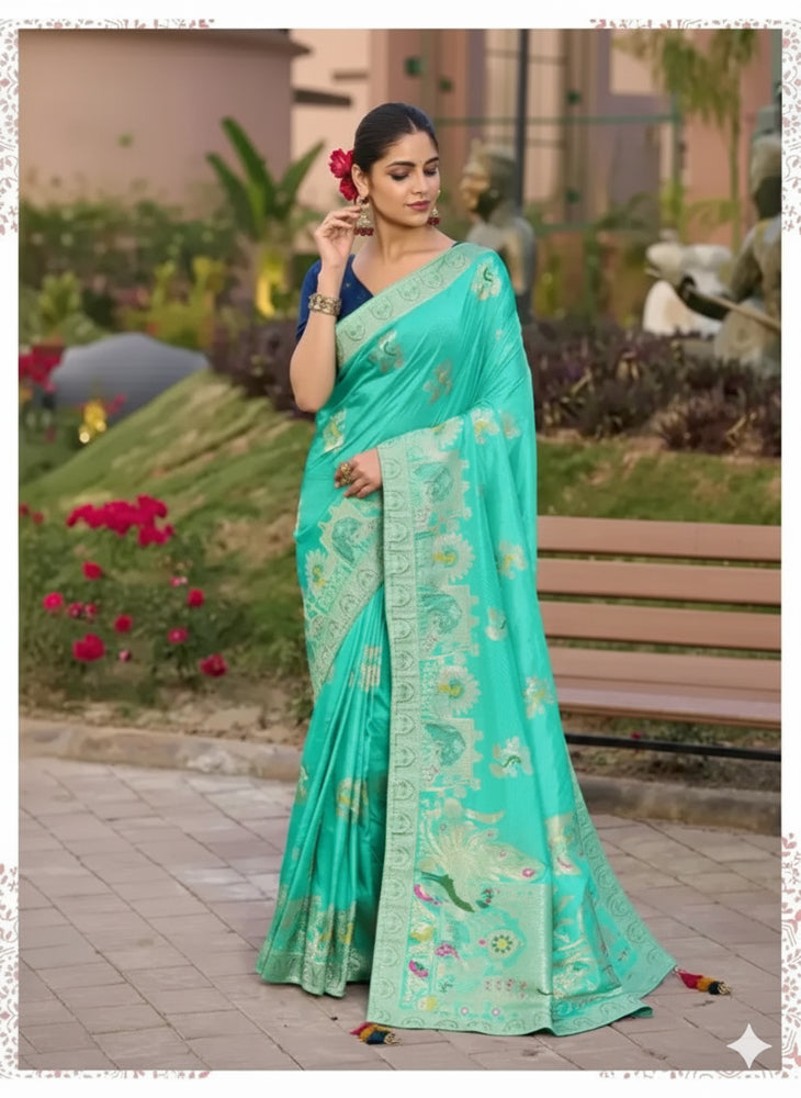 Dola Silk Saree With Intricate Zari Weaving & Swarovski Embellishments