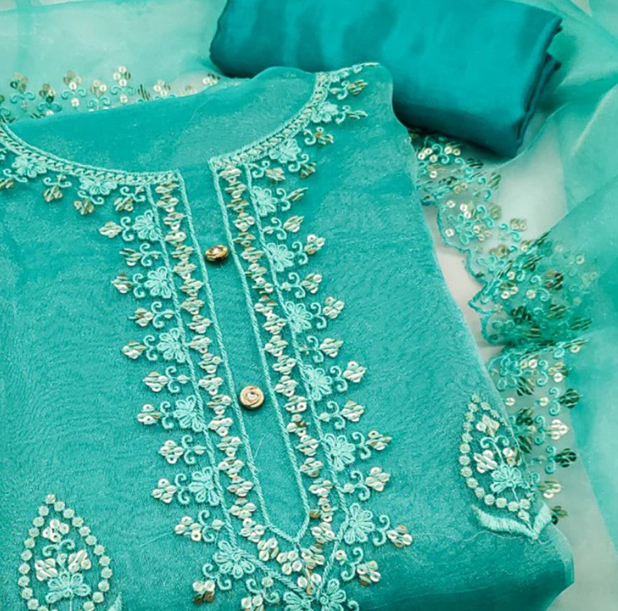 Organza Silk Dress Material With Exquisite Floral Embroidery & Sequin Work