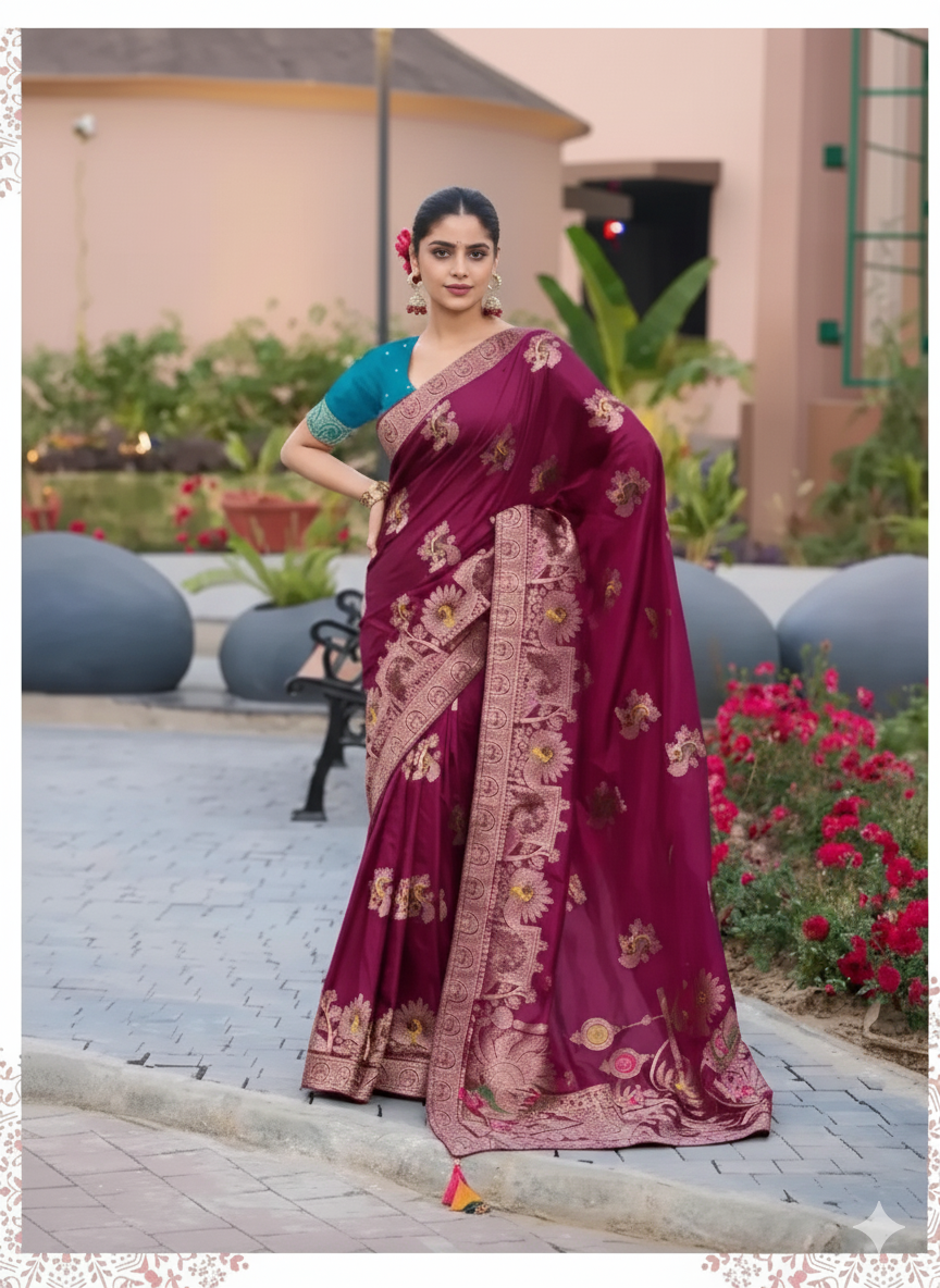 Dola Silk Saree With Intricate Zari Weaving & Swarovski Embellishments