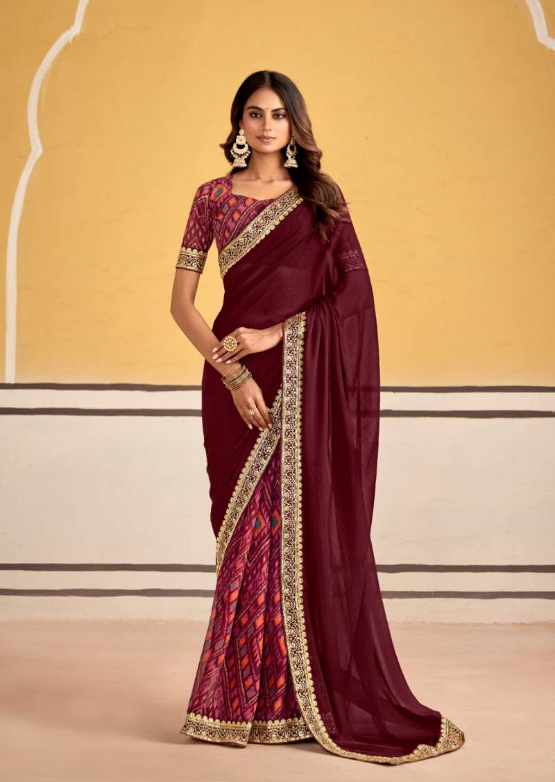 Georgette Embroidery Border Work Printed Saree
