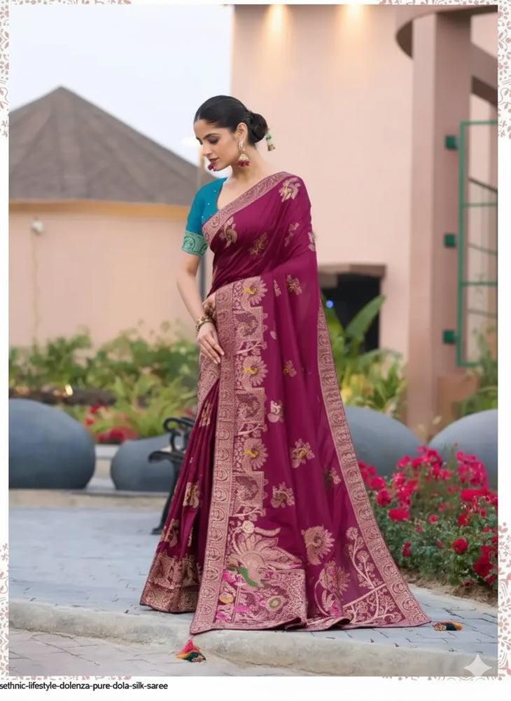 Dola Silk Saree With Intricate Zari Weaving & Swarovski Embellishments