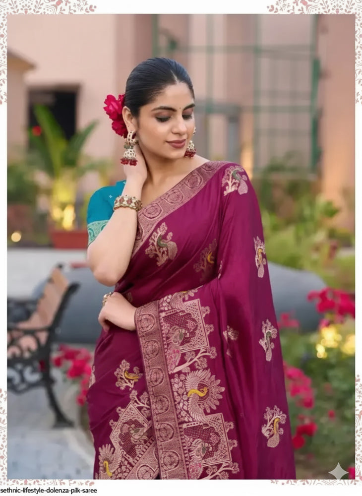Dola Silk Saree With Intricate Zari Weaving & Swarovski Embellishments