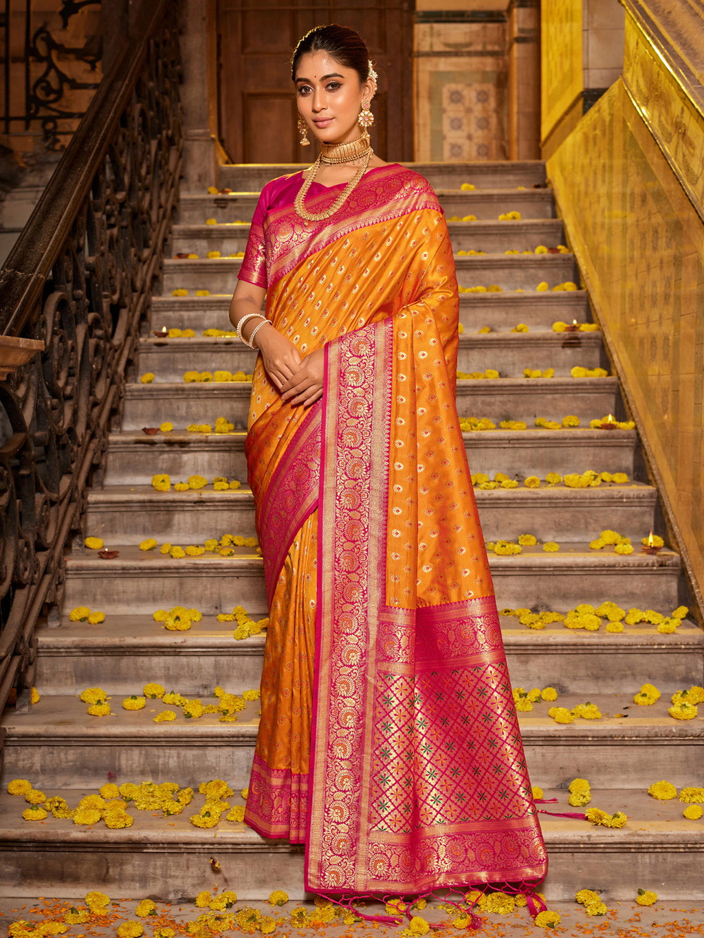 Woven Banarasi Silk Saree With Tassels