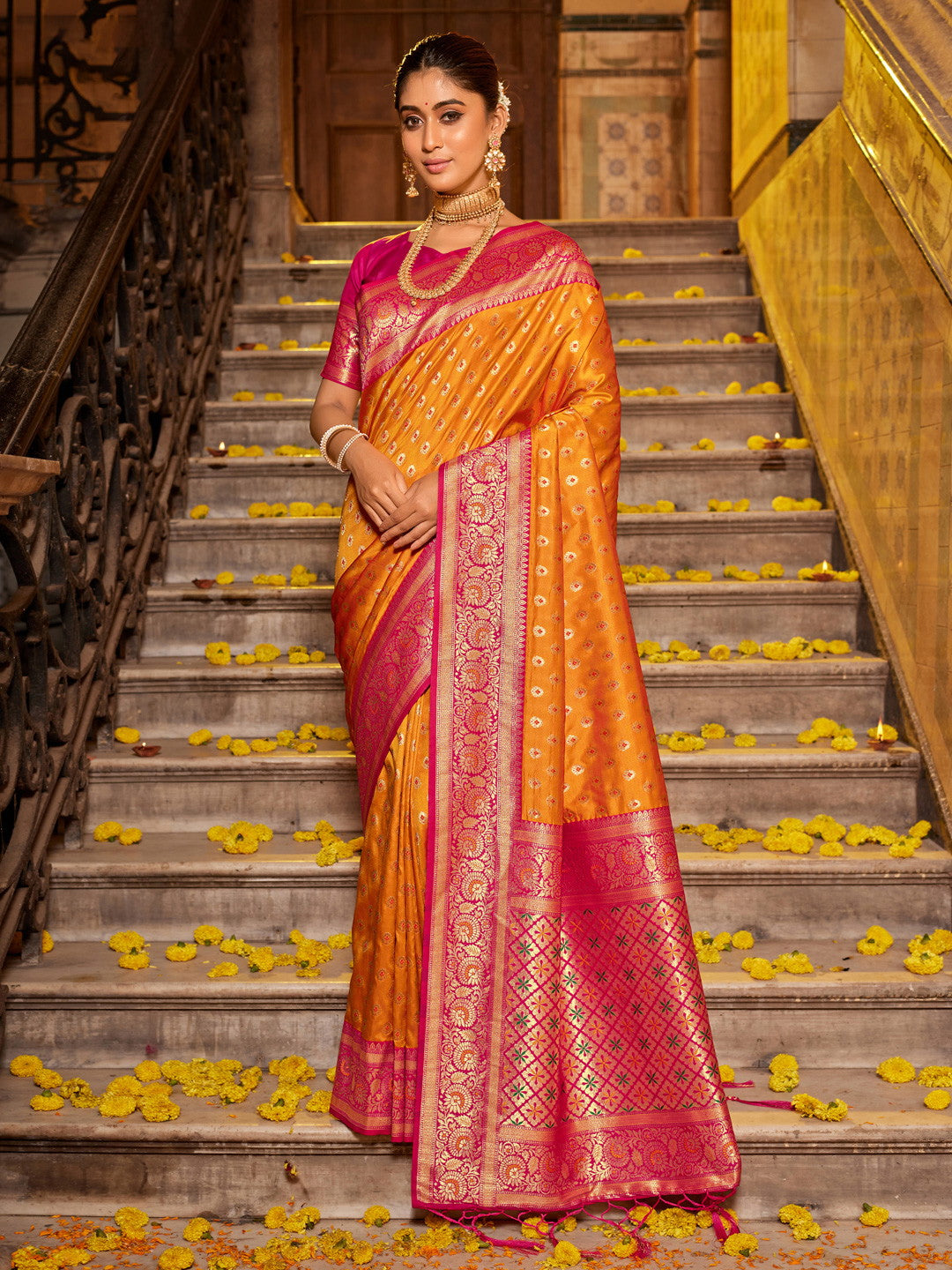Woven Banarasi Silk Saree With Tassels