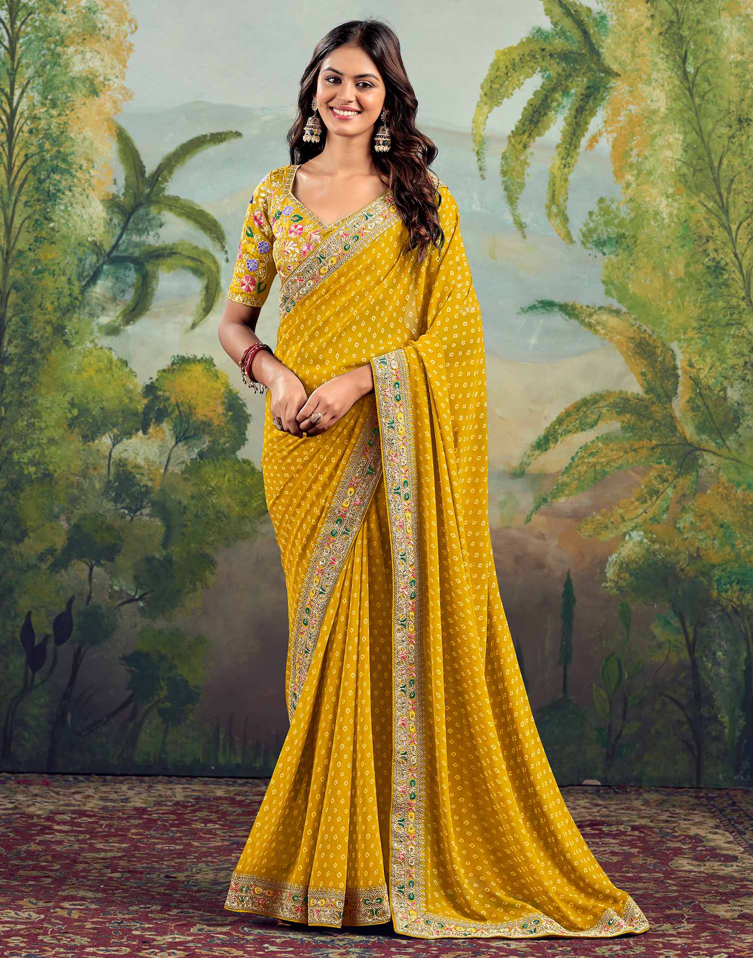 Bandhani Printed Georgette Saree With Embroidered Lace Border
