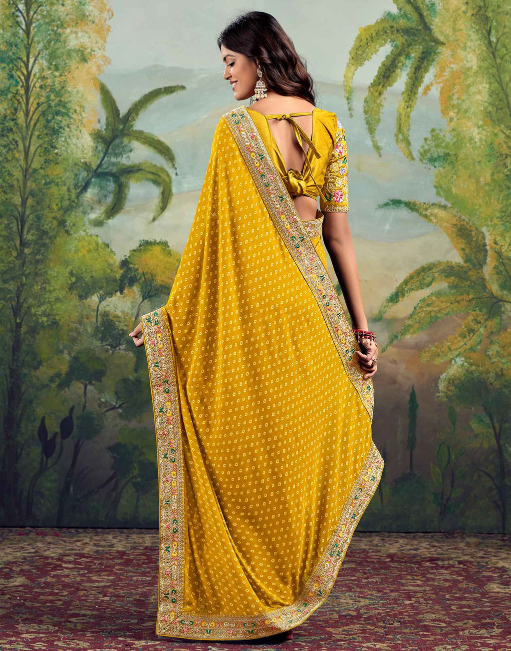 Bandhani Printed Georgette Saree With Embroidered Lace Border
