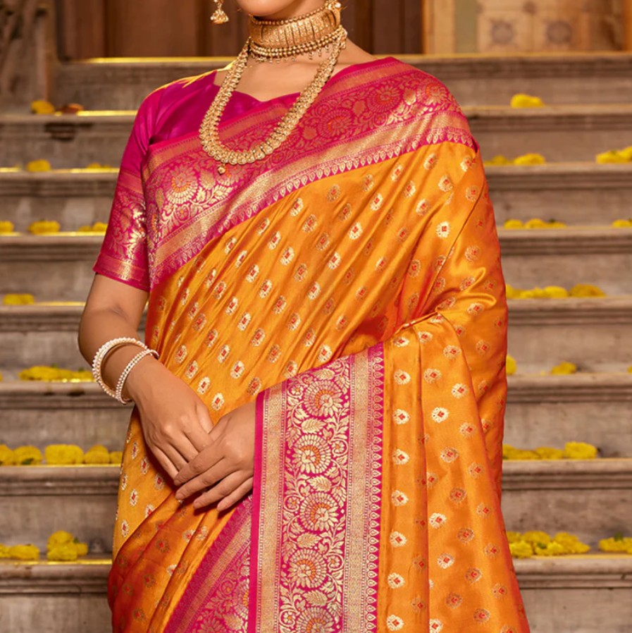 Woven Banarasi Silk Saree With Tassels