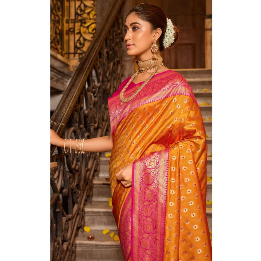 Woven Banarasi Silk Saree With Tassels